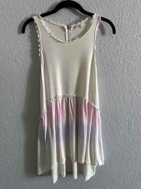 POL Boho Babydoll Tunic Dress Lace Trim Ivory Pink Flowy Oversized Mini Size
